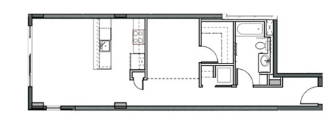 Floor plan for 1 bed, 1 bath, 709 sqft